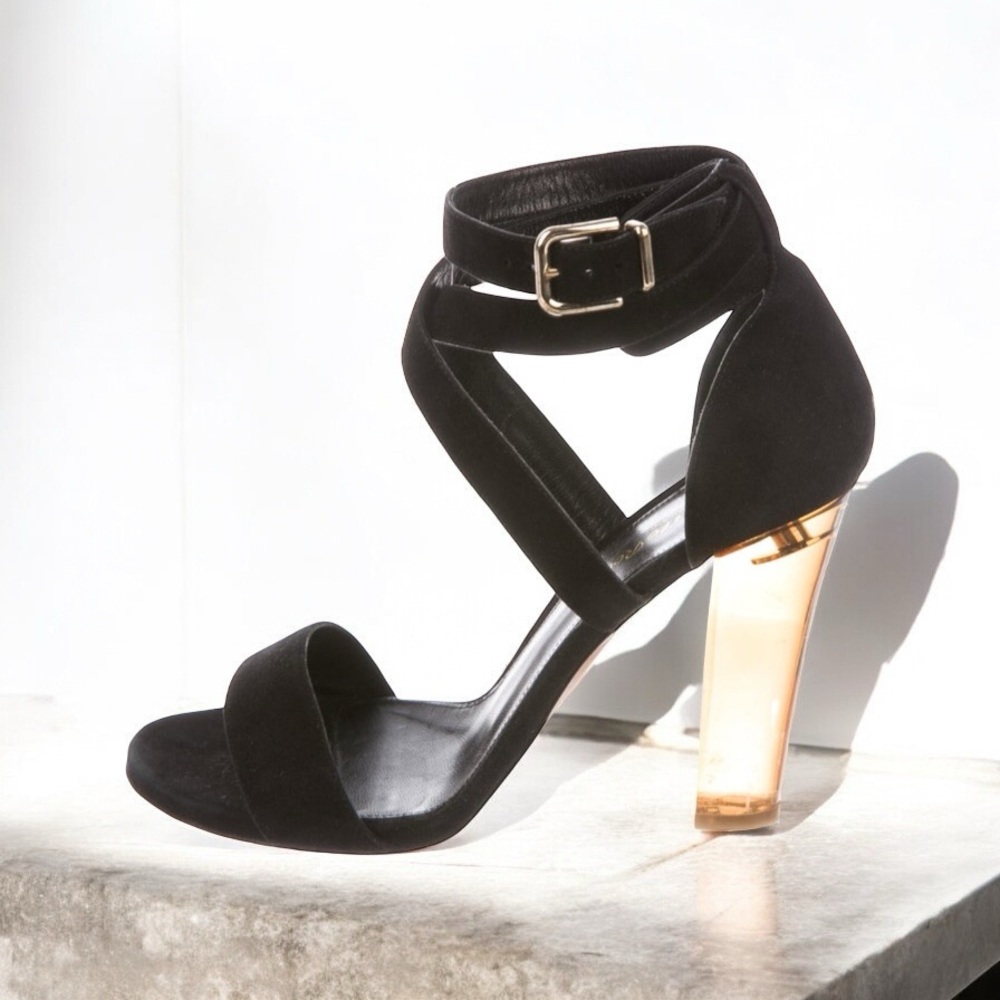 Designer Gianvito Rossi Black and Gold Architectural Heels with Acrylic Heel